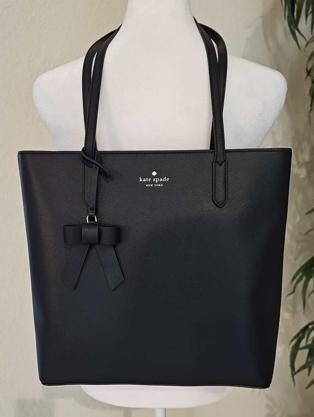 Kate Spade Brynn Saffiano Black Leather Shoulder Bag, Tote with Bow Charm